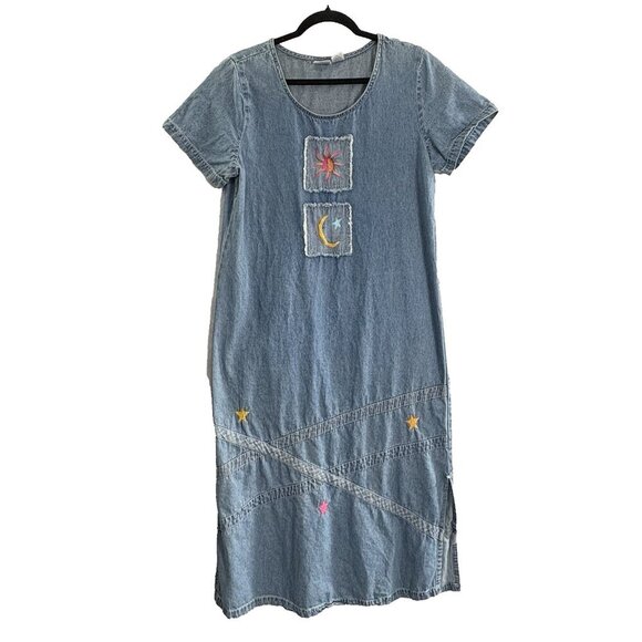BLEU BAYOU Women Denim Midi Dress Sz M Blue Embroider Patches Short Sleeve 26-11 - Picture 1 of 11